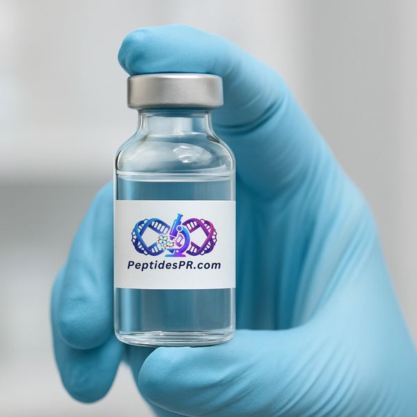 Gloved hand holding a vial labeled PeptidesPR.com with a DNA and microscope logo.