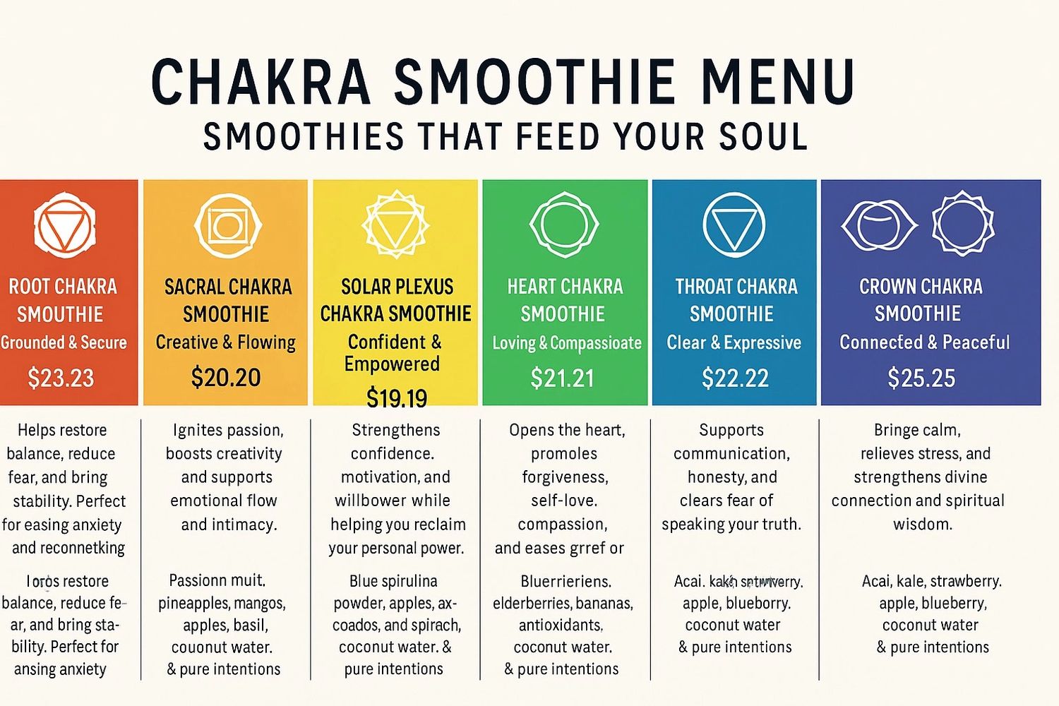 Chakra Smoothie Menu with six colorful options, each promoting different emotional and spiritual benefits.