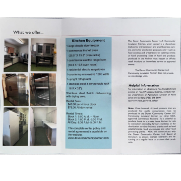Kitchen equipment details and rental information at Dover Community Center LLC.