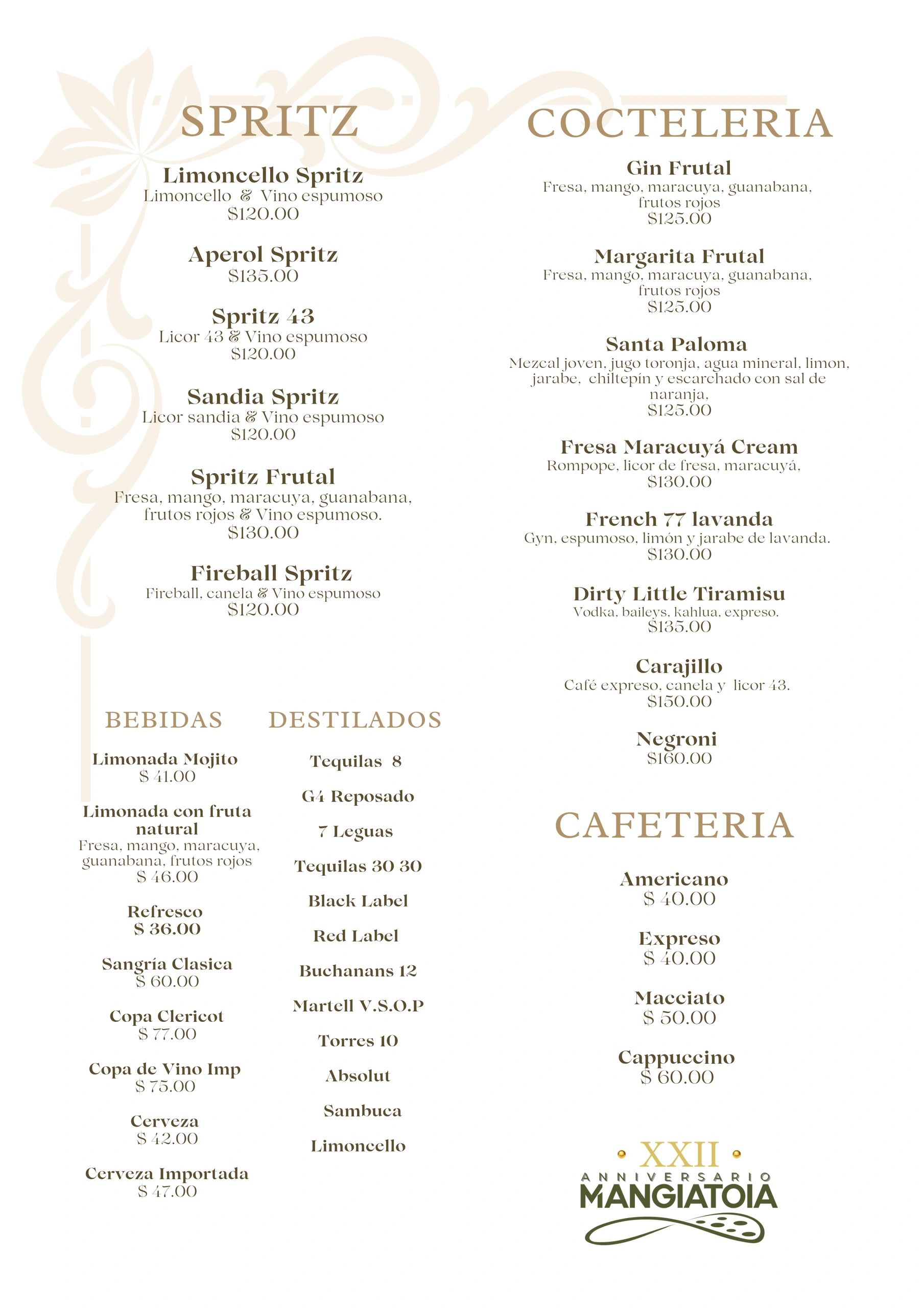 Menú de bebidas con spritz, cocteles, bebidas, destilados y cafetería.