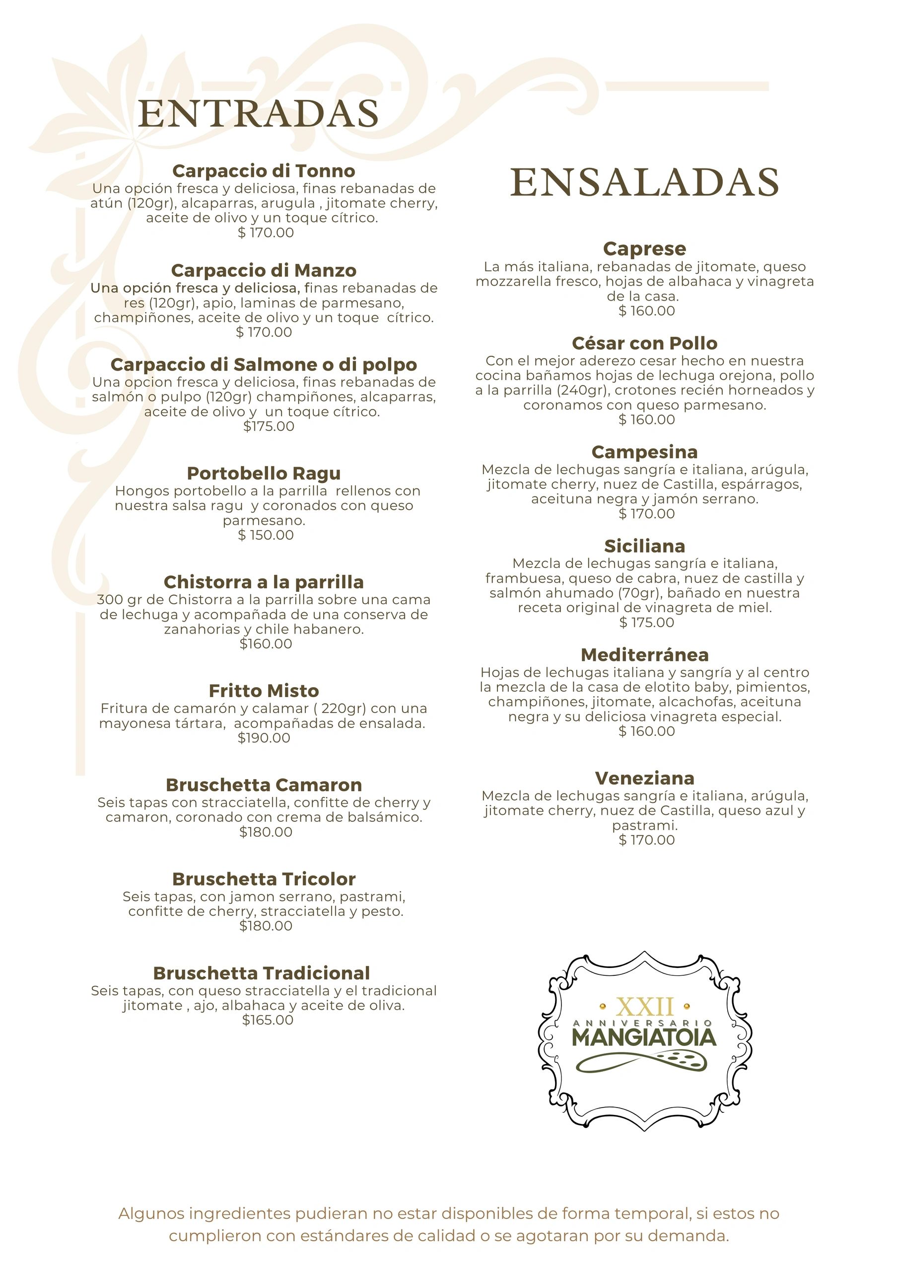 Menú de entradas y ensaladas con ingredientes frescos y precios.