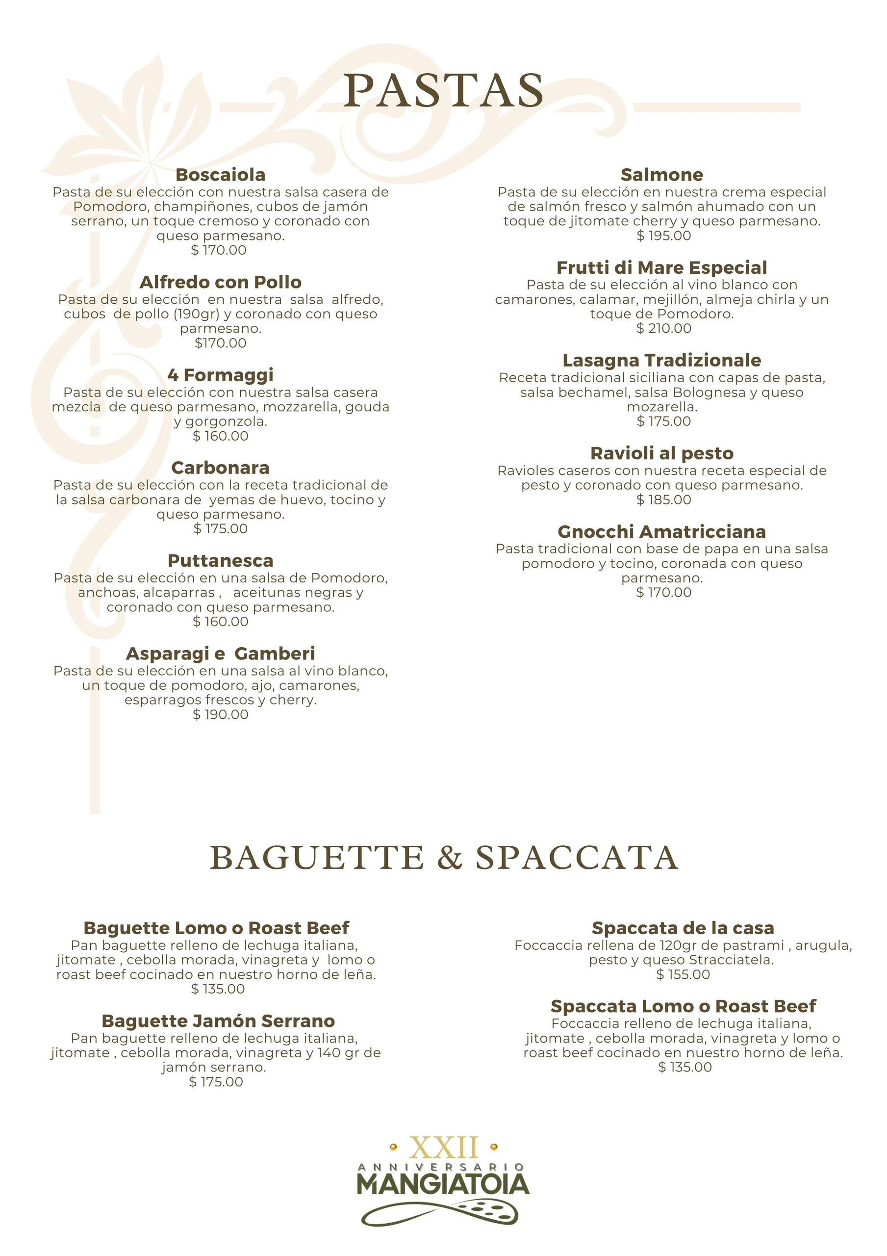 Menú de pastas y baguettes con descripciones y precios en pesos.