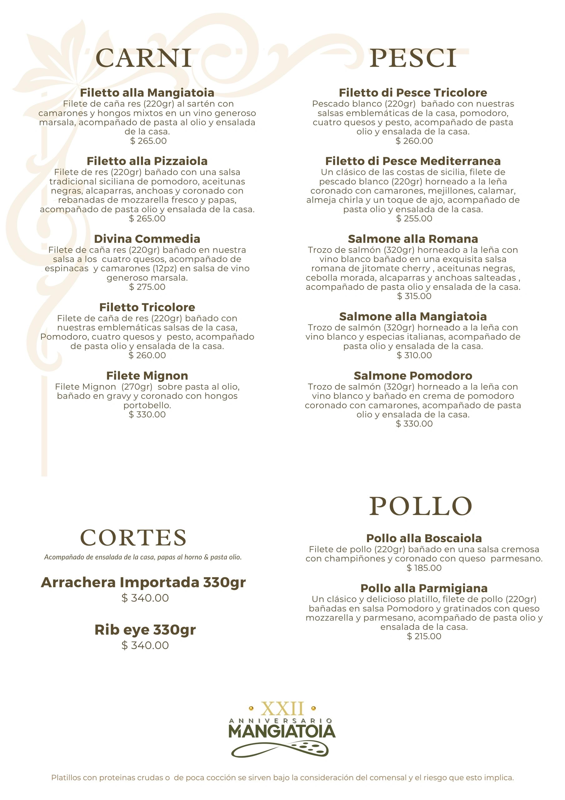 Menú variado con opciones de carnes, pescados, cortes y pollo.
