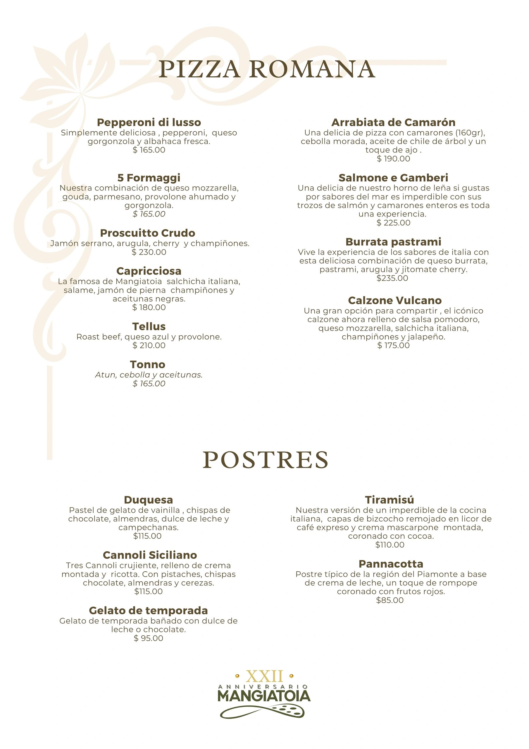 Menú de pizzas romanas y postres con precios y descripciones.