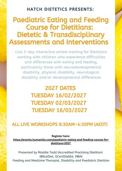 Flyer for a pediatric dietitian training course in 2027.
