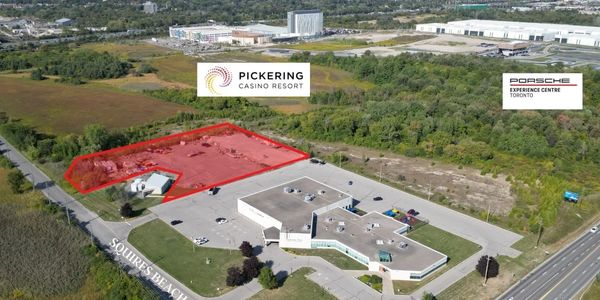 Aerial view of Pickering Casino Resort site and Porsche Experience Centre Toronto.