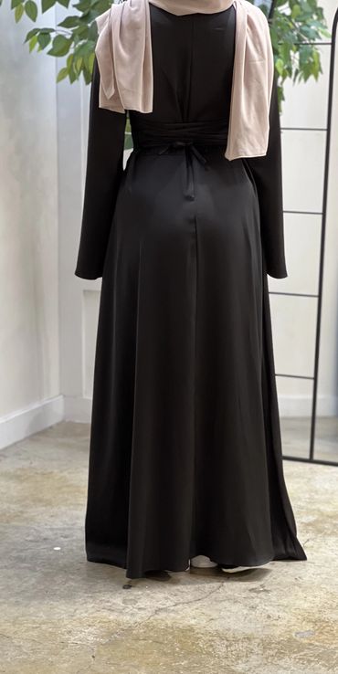 Cinched Satin Black Dress on a model back view