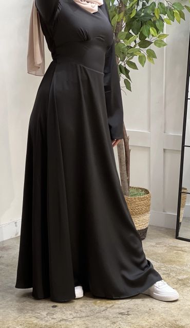 Cinched Satin Black Dress on a model side view