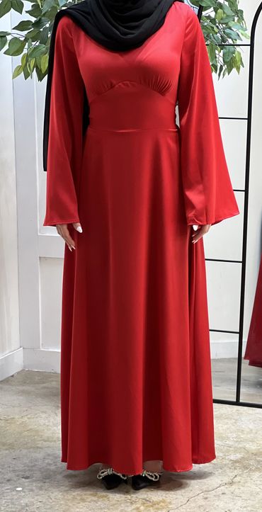 Cinched Satin Red Dress on a model front view