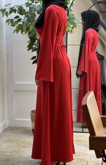 Cinched Satin Red Dress on a model side view