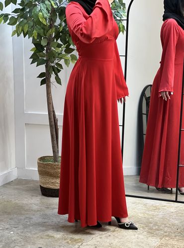 Cinched Satin Red Dress on a model side view