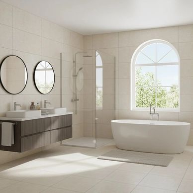 Modern bathroom with dual sinks, freestanding tub, and large arched window.