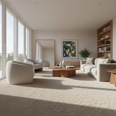 Bright and cozy living room with modern furniture and large windows.