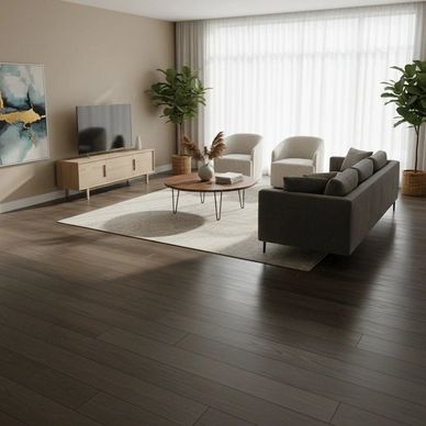 Modern living room with dark wooden floor and minimalist furniture.