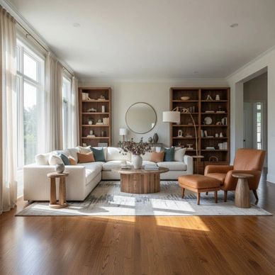 Bright living room with beige sofa, brown armchair, wooden furniture, and large windows.
