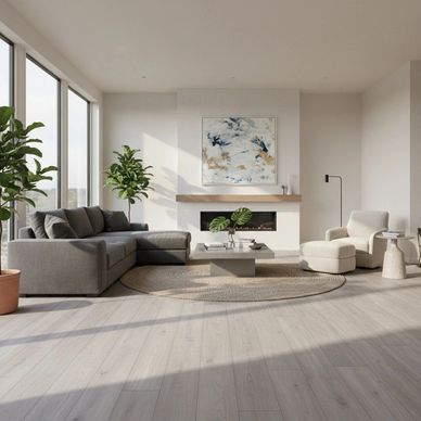 Bright modern living room with large windows, grey sectional sofa, and minimalist decor.