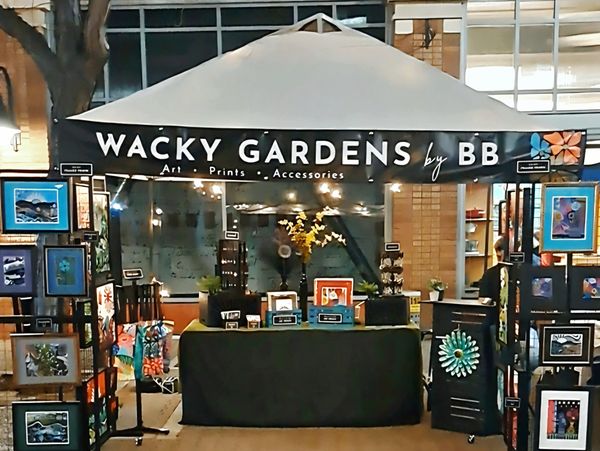 Art booth named Wacky Gardens by BB showcasing prints and accessories.