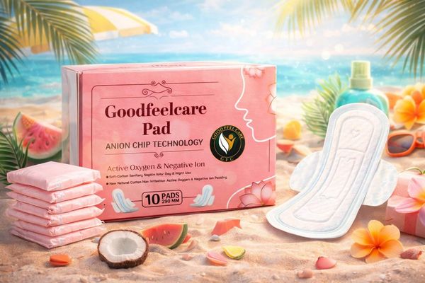 Goodfeelcare pads with anion chip technology displayed on a beach setting.