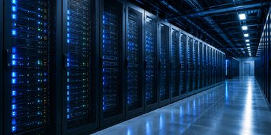 Rows of server racks lit with blue lights in a data center.