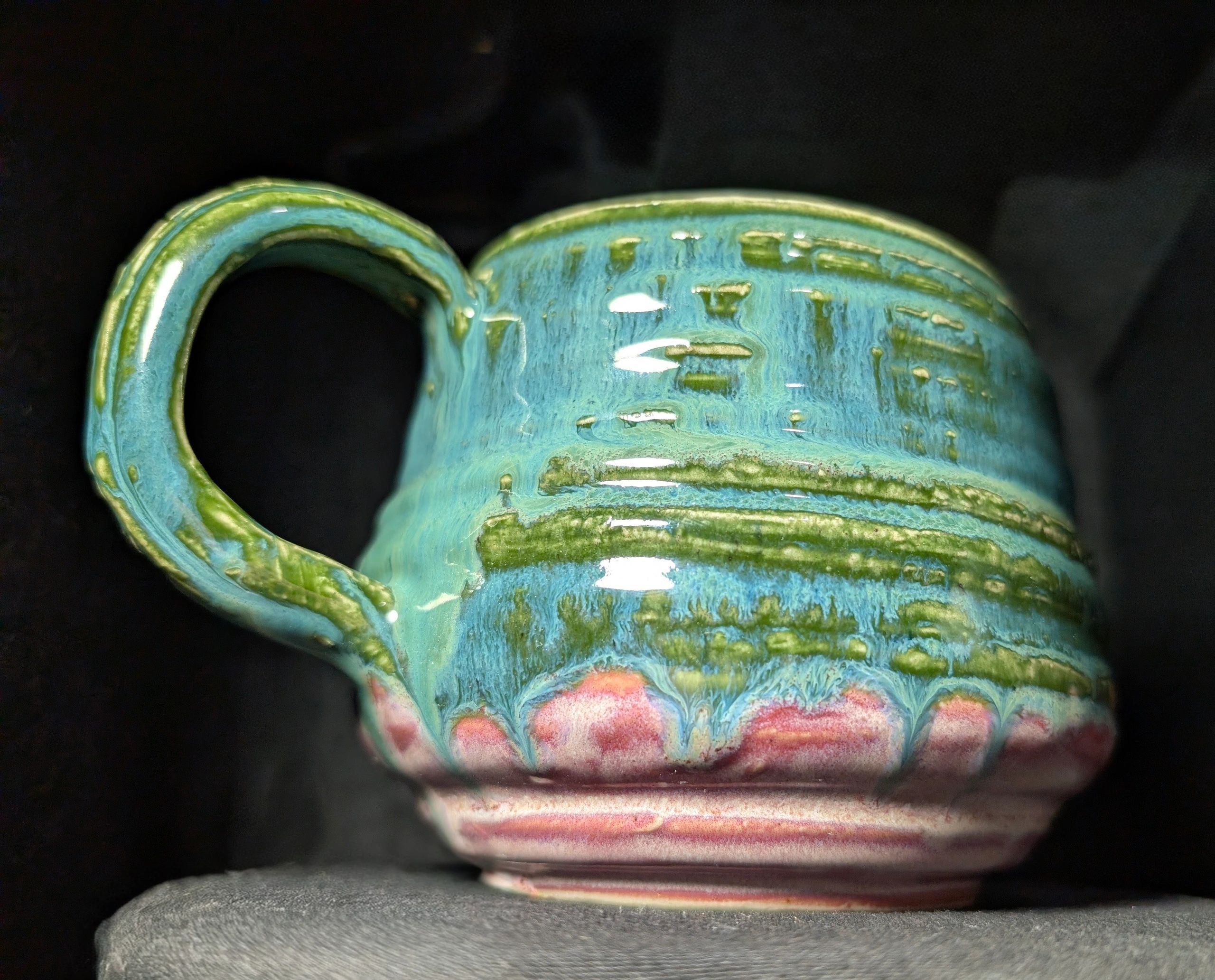 Oversized Wheel Thrown Textured Stoneware 16 oz. Mug with Decorative Handle. Signed by the artist. K