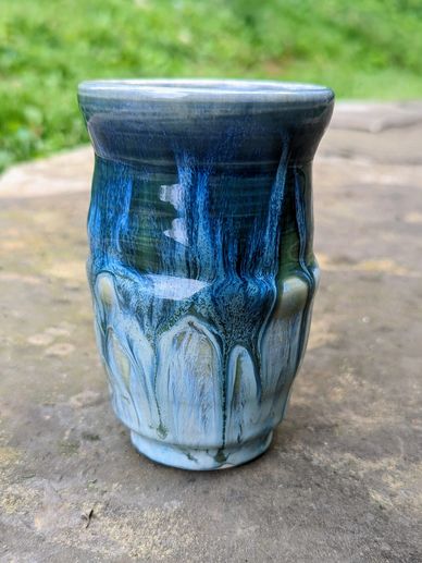 tall ceramic tumbler hi gloss glaze with dark and light blues