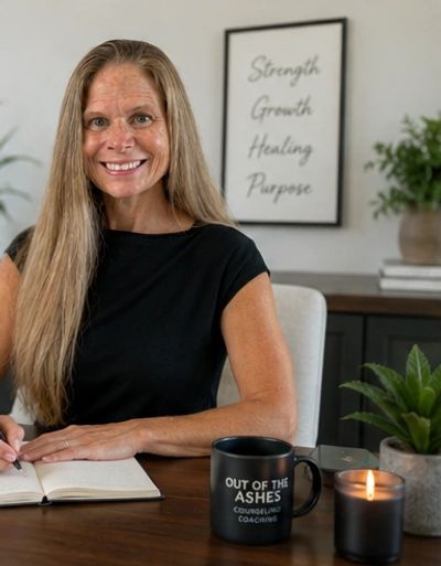A smiling woman writing in a notebook at a desk with inspirational decor.