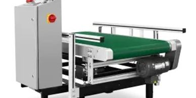 Industrial conveyor belt with control panel and safety stop button.