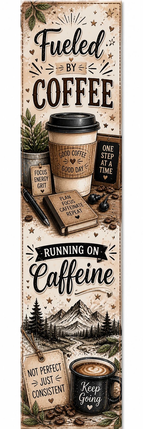 A motivational coffee-themed poster with inspiring quotes and cozy illustrations.
