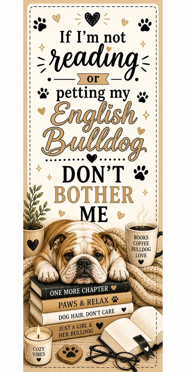 Cozy scene with an English Bulldog, books, coffee, and relaxing vibes.