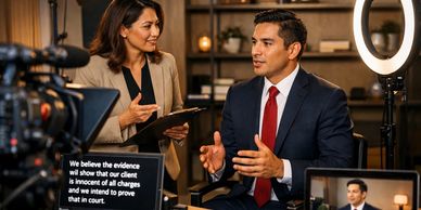 A man in a suit is interviewed on camera with a woman holding a clipboard beside him.
