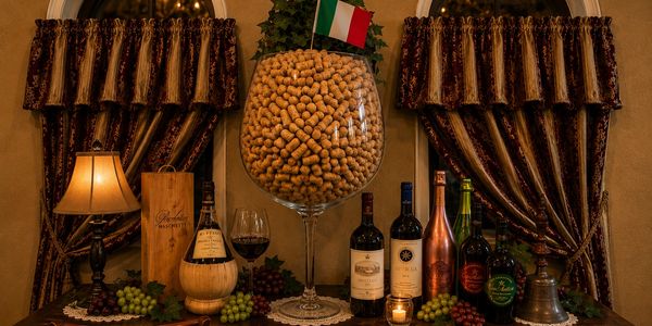 A decorative wine display with bottles, grapes, and a giant glass filled with corks.