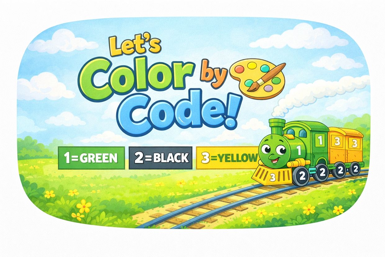 Color-by-code train with numbers matching green, black, and yellow colors.