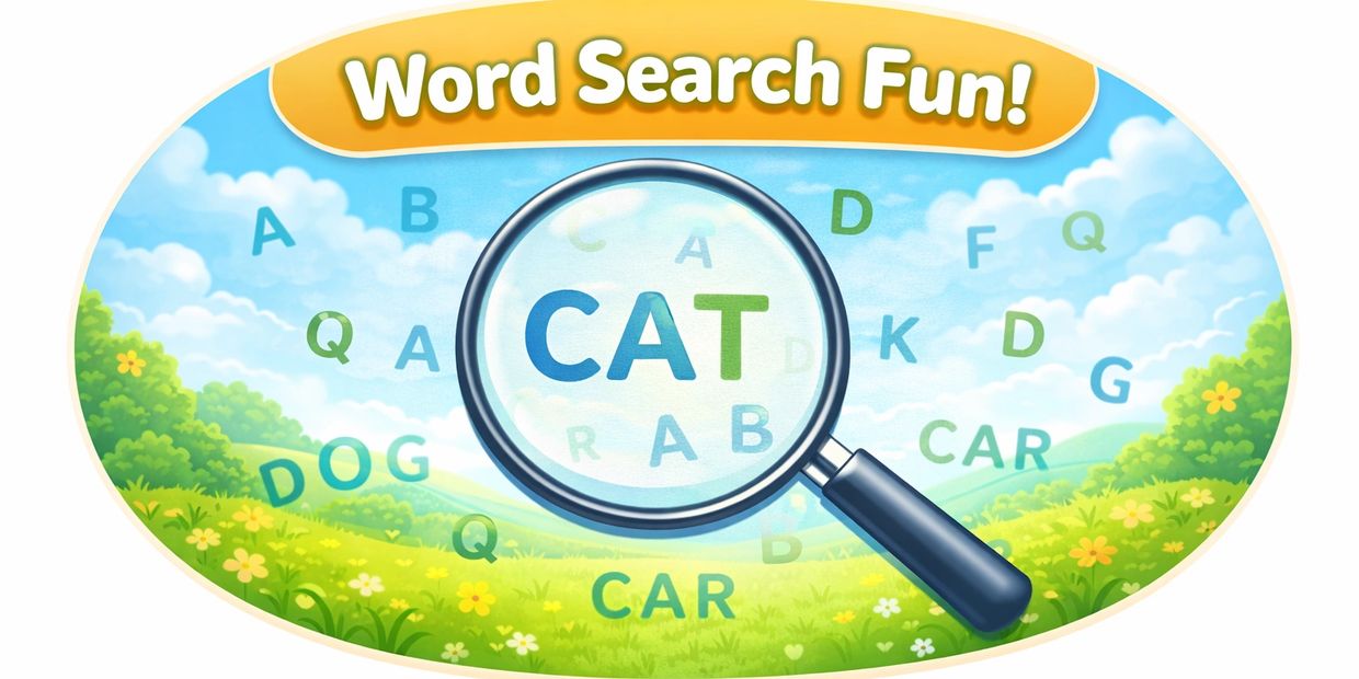Magnifying glass highlighting the word 'CAT' in a colorful word search game.