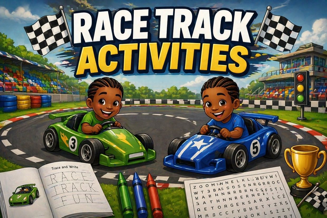 Two kids race colorful cars on a track with fun activities and games.