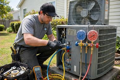 Technician repairs an outdoor air conditioning unit.