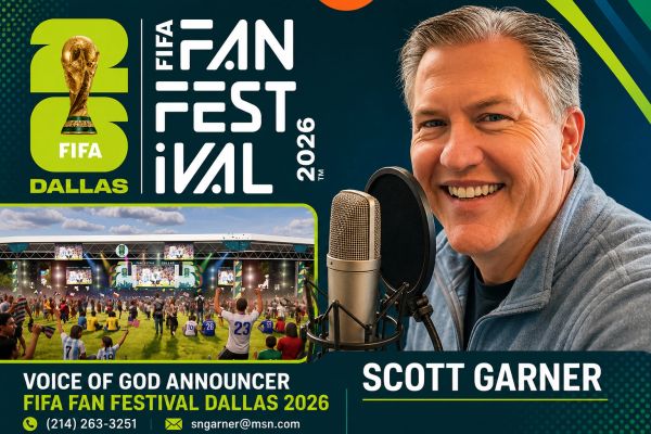 Scott Garner, Voice of God announcer for FIFA Fan Festival Dallas 2026, smiling near a microphone.