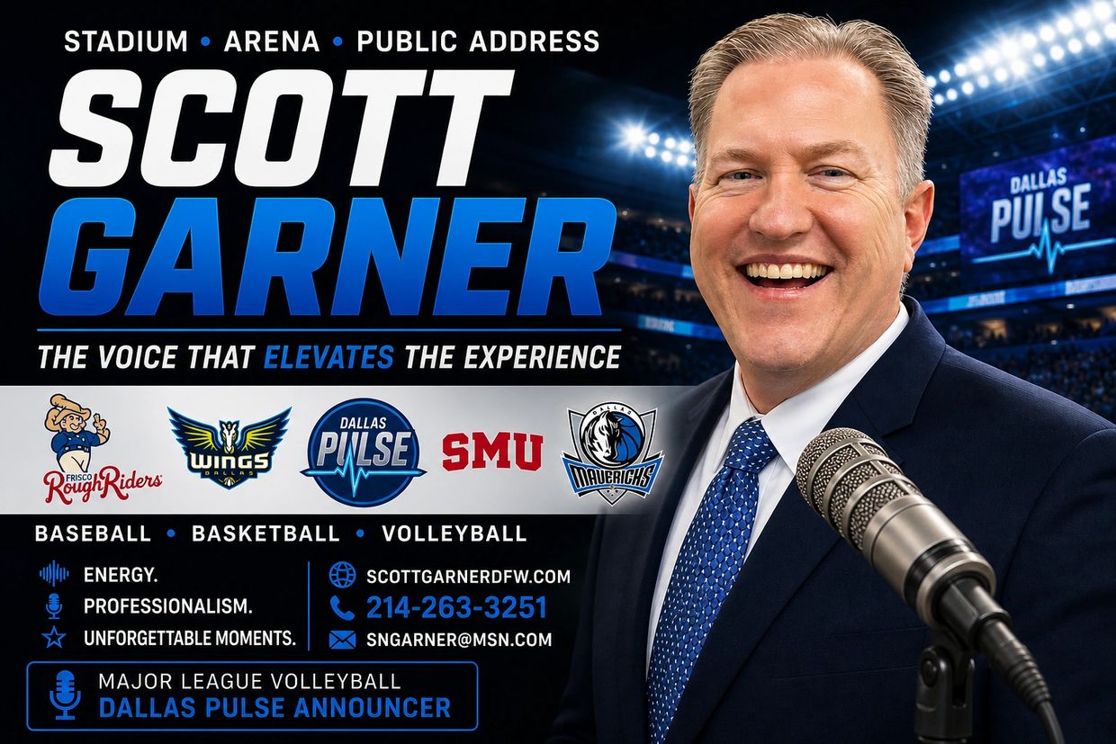 Scott Garner promoting his announcing services for sports events with energy and professionalism.