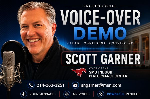 Professional voice-over demo by Scott Garner with contact info and powerful results.