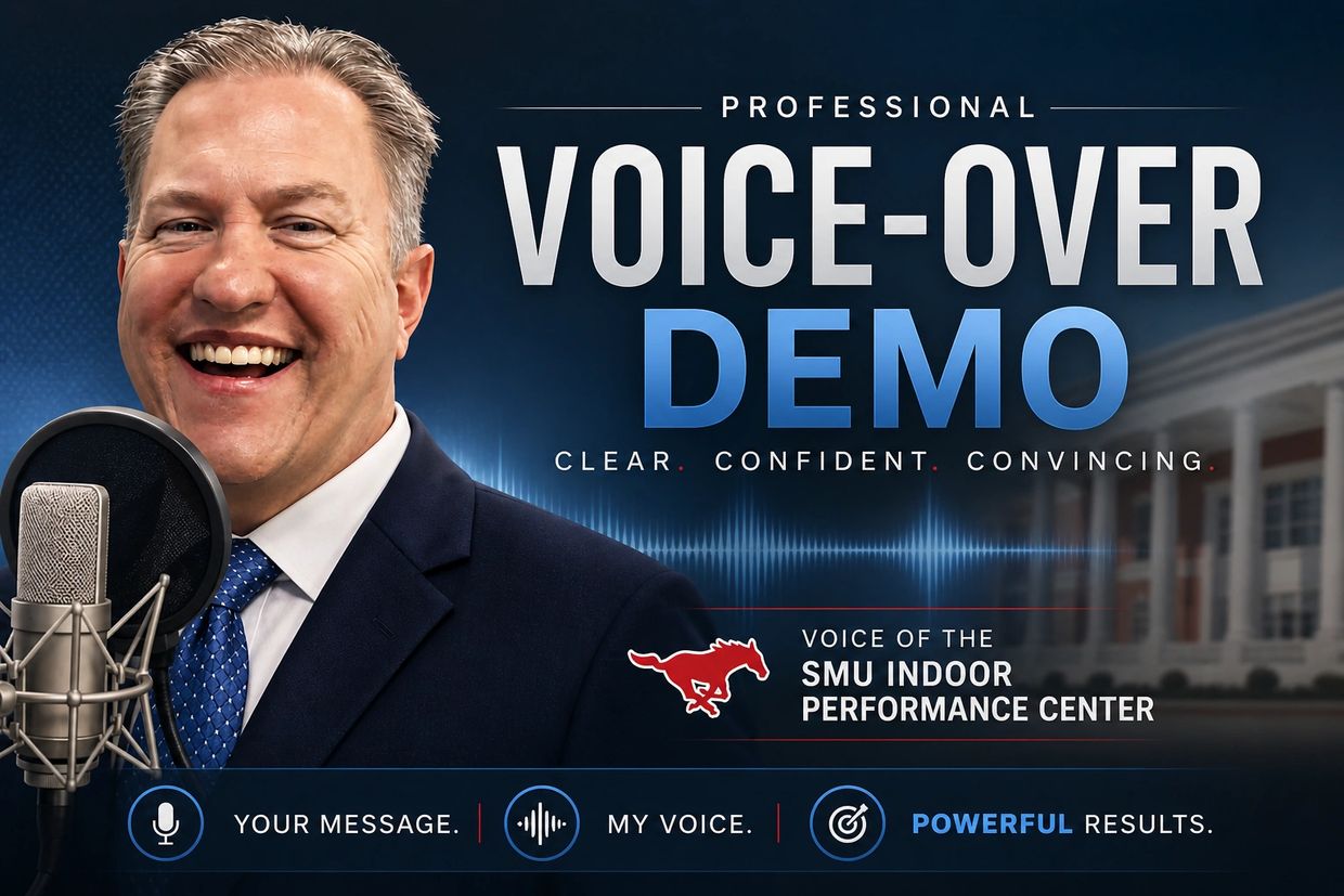 Professional voice-over demo by SMU Indoor Performance Center's announcer.