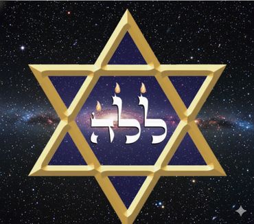 Golden Star of David with Hebrew letters and candles against a starry night sky.