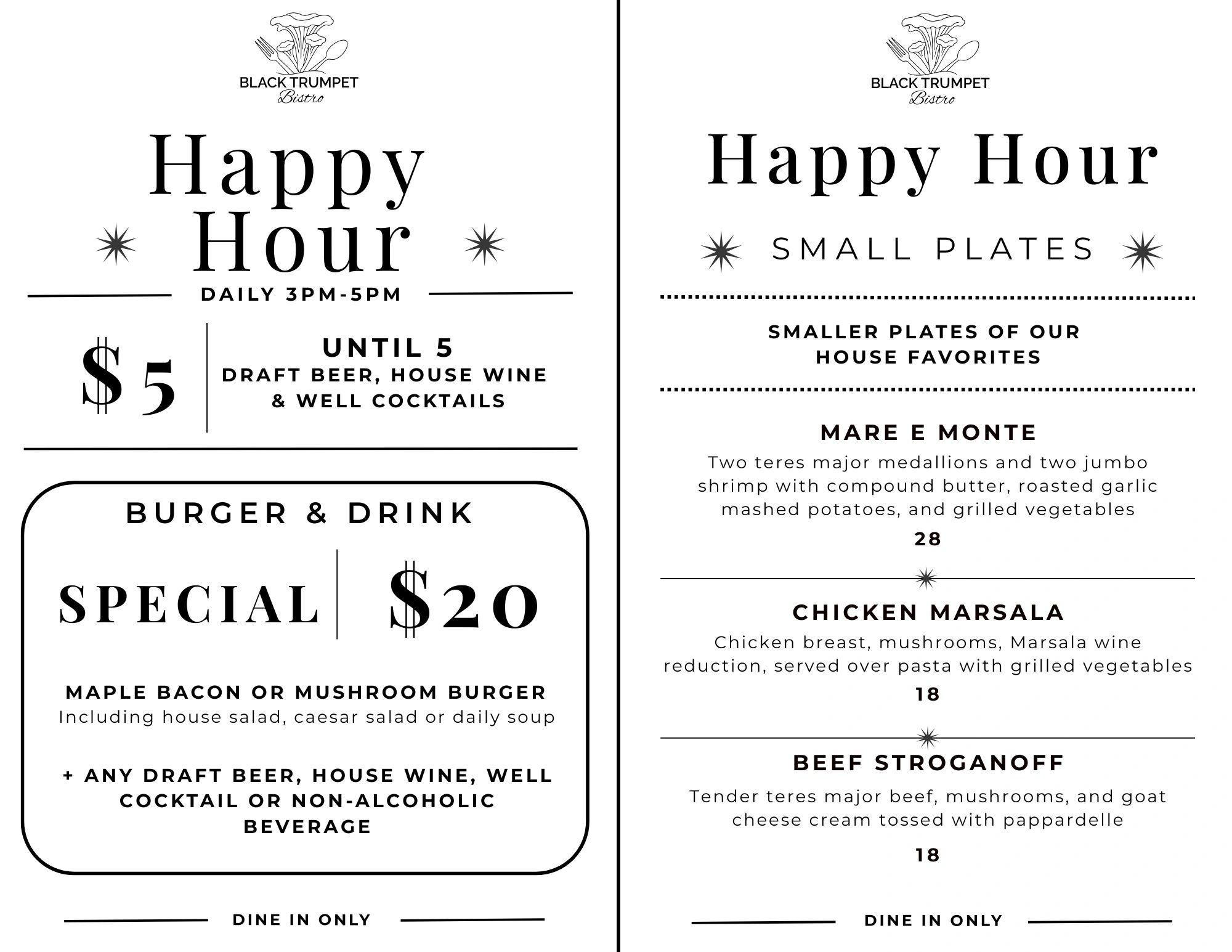 Black Trumpet Bistro Happy Hour specials with $5 drinks and $20 burger &amp; drink combo.