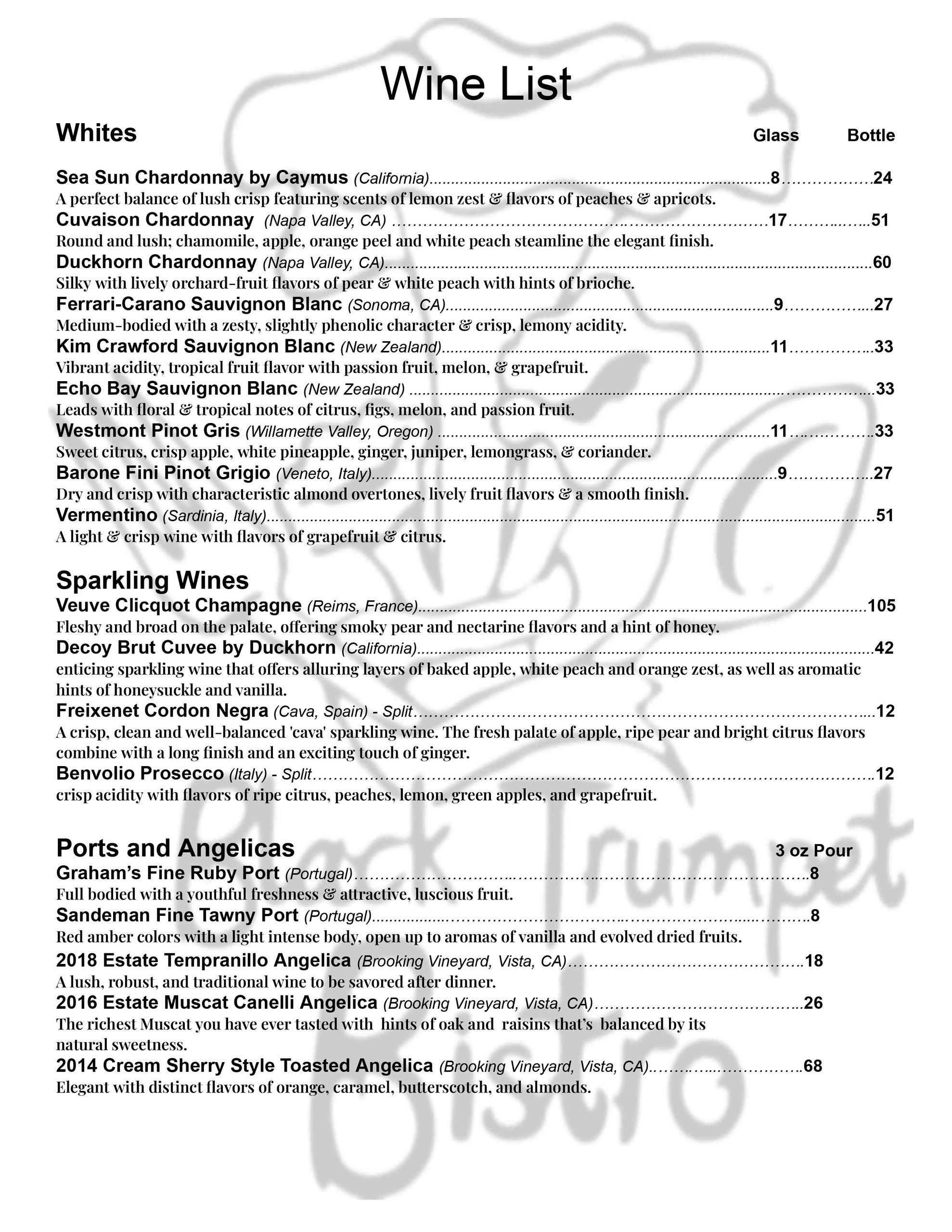 Black Trumpet Bistro White Wine List. Brookings, Oregon.