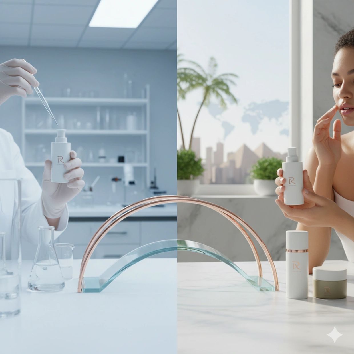 Split image showing skincare product development in lab and woman using it in natural light.