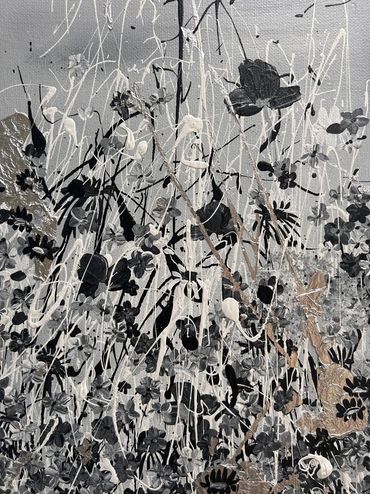 subtle metallic highlights and dynamic paint drips dance across the canvas, adding a sense of rhythm