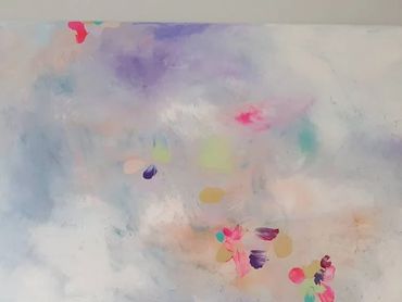 canvas with subtle layers revealing soft textures and unexpected pops of colour.