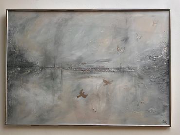 Soft layers of grey, duck-egg blue, white, and black create a misty, atmospheric scene 