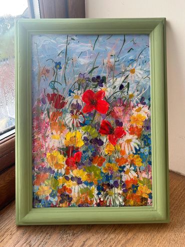  a vibrant, expressive style, layers of bold reds, sunny yellows, soft whites and deep blues