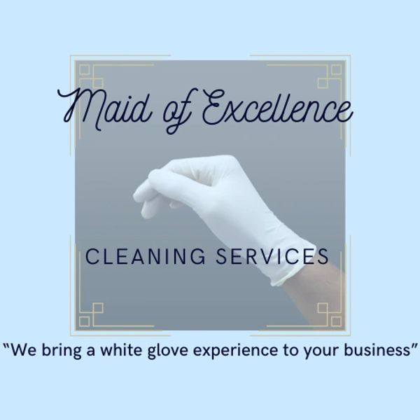 Logo of Maid of Excellence cleaning services featuring a white glove and tagline.