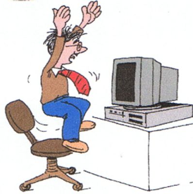 A cartoon character in a tie raises his arms while sitting on a chair in front of a computer.
