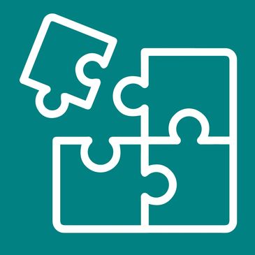 White puzzle pieces on teal background with one piece detached.